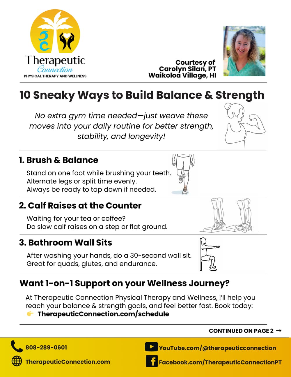 Page one of the Therapeutic Connection handout 10 Sneaky Ways to Build Balance & Strength