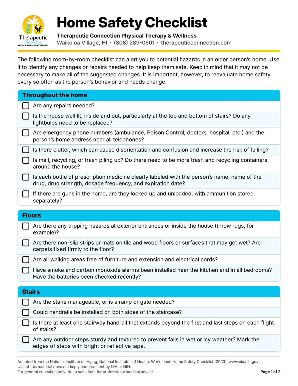 Page one of the Therapeutic Connection Home Safety Checklist