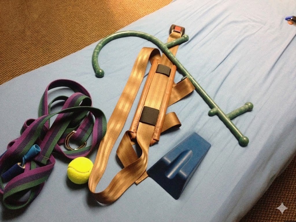 Tools of the trade: walking aid, resistance bands, tennis ball, and foot massager