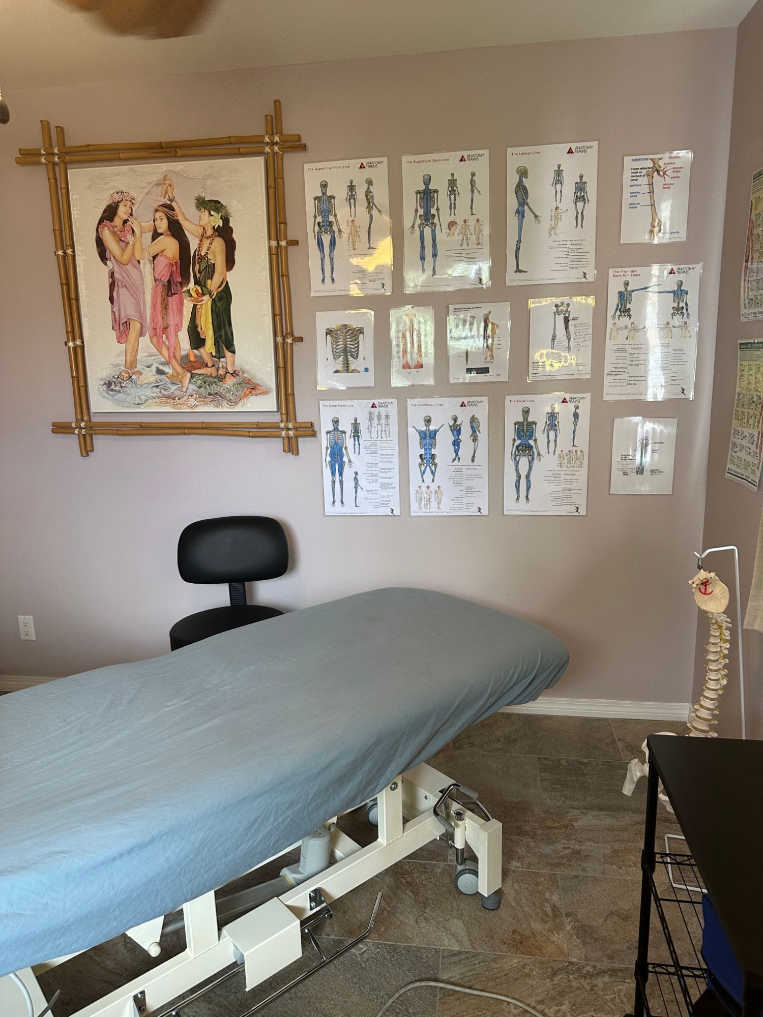 The Therapeutic Connection treatment room, with a treatment table and anatomy charts on the wall