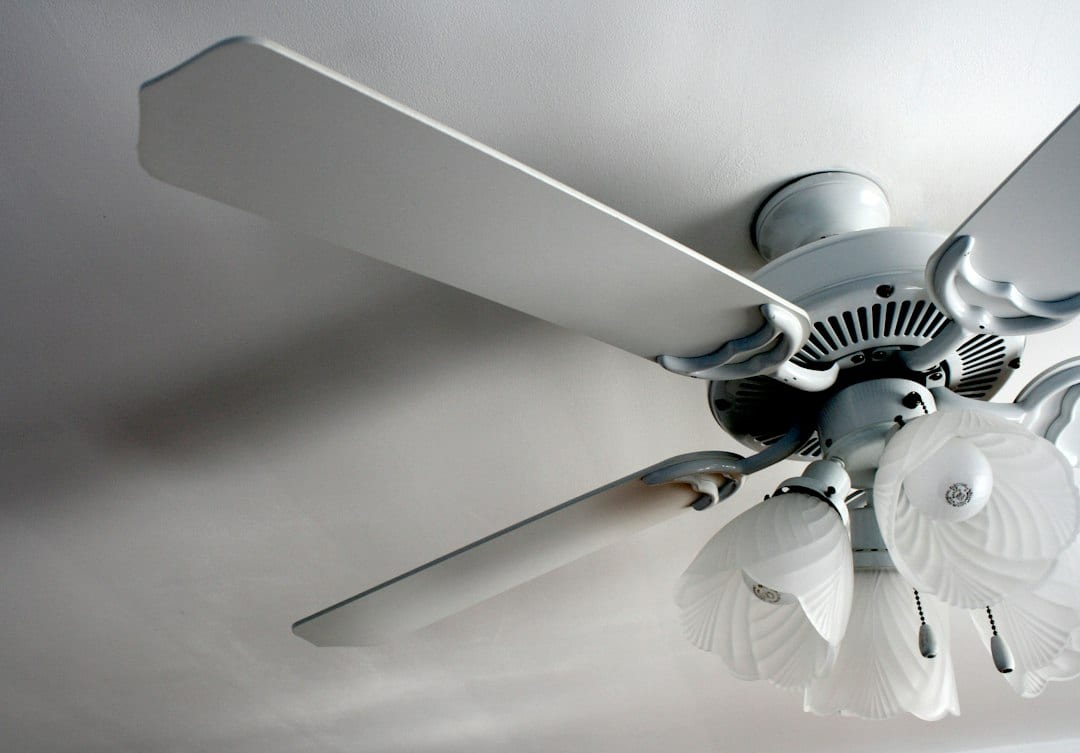 A white ceiling fan with light fixtures