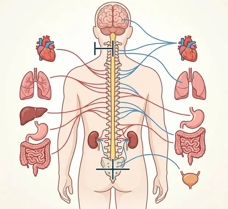 An illustration of the vagus nerve branching from the spine to the heart, lungs and digestive organs